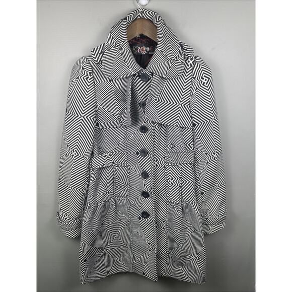Desigual Women's White Black Geometric Steampunk Trench Coat Fully Lined Size 40